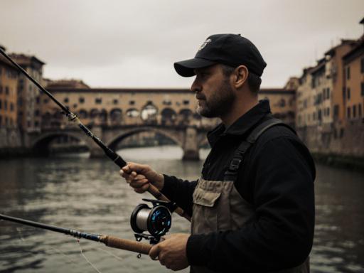 Pescatore sul Tevere a Roma con attrezzatura professionale